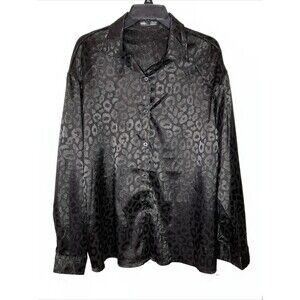 SHEIN High Status Black Tone on Tone Animal Print Slinky Button-Up, Size XL Wild